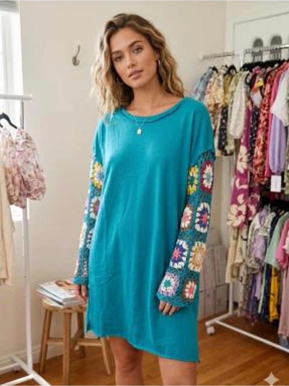 Umgee | NWT Teal Crochet-Sleeve Tunic/Dress w/pockets Sz L